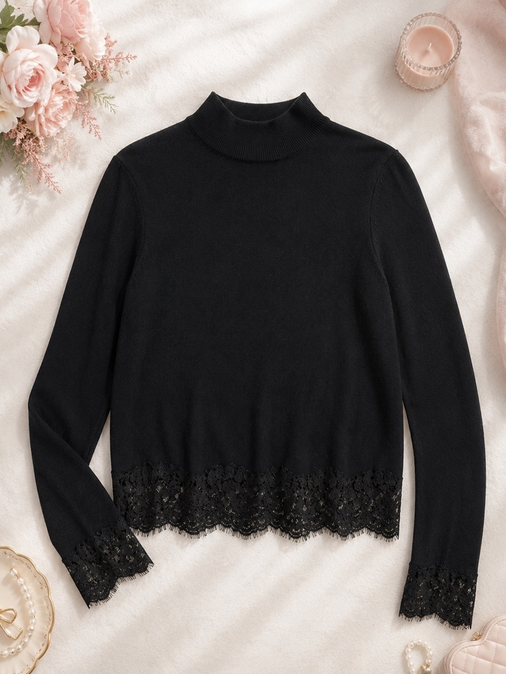 Sugar + Lips Black Lace Trim Turtleneck Sweater XS/S Elegant